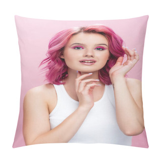 Personality  Young Woman With Colorful Hair And Makeup Posing With Hands Near Face Isolated On Pink Pillow Covers