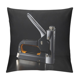 Personality  Horizontal Shot Of Construction Stapler On Black Background With Reflection. Pillow Covers