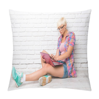 Personality  Top View Of Young Woman Siting On The Floor And Working At A Lapt Pillow Covers