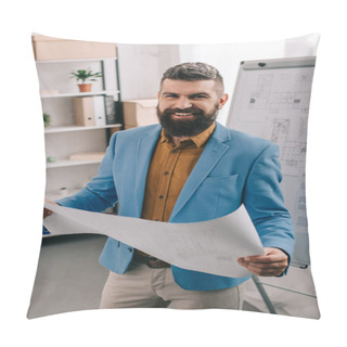 Personality  Handsome Architect Smiling And Holding Blueprint In Modern Office Pillow Covers