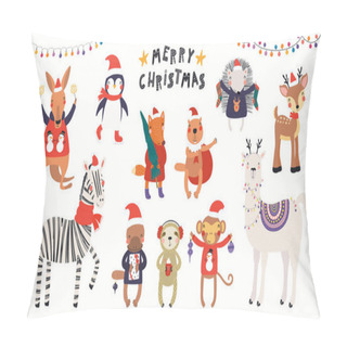 Personality  Christmas Set With Cute Animals In Santa Claus Hats, Tree, Gifts, Ornaments, Text.  Scandinavian Style Flat Design. Concept For Children Print. Pillow Covers