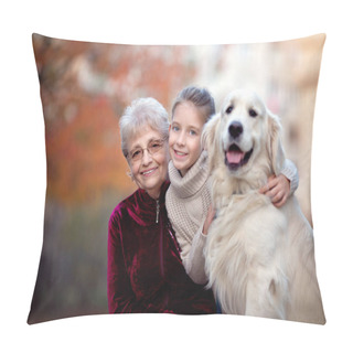 Personality  Autumn. Closeup Portrait Of Happy Grandmother With Granddaughter And Their Favourite Cute Dog Pillow Covers