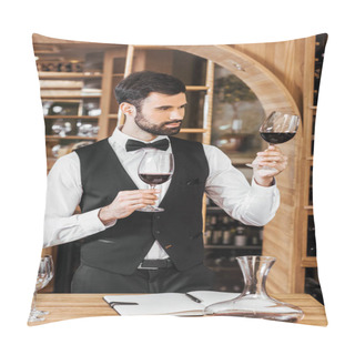 Personality  Confident Young Sommelier Examining Color Of Wine At Wine Store Pillow Covers