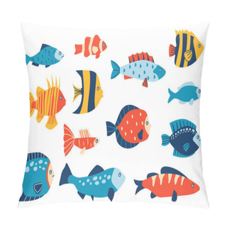 Personality  Abstract Sea Fish. Various Tropical Marine And Ocean Fish With Minimalistic Pattern, Marine Collection Of Different Kids Fishes Illustration. Vector Cartoon Underwater Fauna Isolated Set Pillow Covers