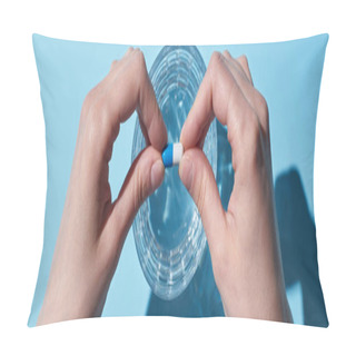 Personality  Partial View Of Woman Putting Pill In Glass With Water On Blue Background, Panoramic Shot Pillow Covers