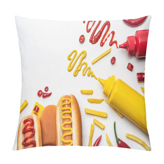 Personality  Top View Of Tasty Hot Dogs And Fries With Mustard And Ketchup On White Surface Pillow Covers