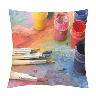Personality  Wooden Art Palette With Paint And Brushes, Close Up Pillow Covers
