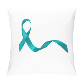 Personality  Turquoise Awareness Ribbon To Support People With Ovarian Cancer. Concept Questions/ Assistance And Actions Of People Living With The Disease, And PTSD . Turquoise Ribbon Isolated On White Background. Pillow Covers