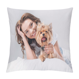 Personality  Portrait Of Young Smiling Woman With Yorkshire Terrier Resting On Bed Isolated On Grey Pillow Covers