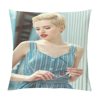 Personality  Attractive Girl With Short Hair Posing In Trendy Blue Dress Pillow Covers