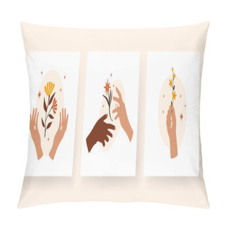 Personality  Abstract Hands Holding Twigs With Flowers Pillow Covers