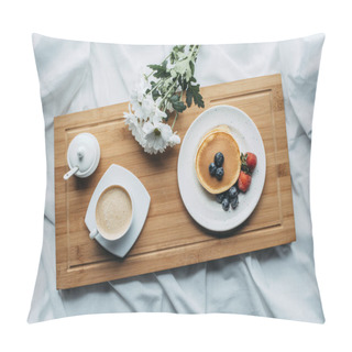 Personality  Top View Of Breakfast In Bed With Delicious Pancakes And Coffee On Wooden Tray Pillow Covers