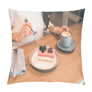 Personality  Cropped Image Of Young Woman With Coffee Cup Eating Cheesecake At Table In Cafe Pillow Covers
