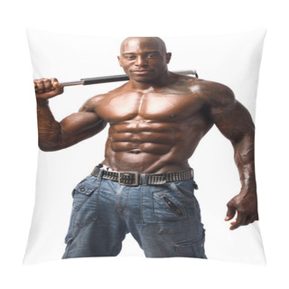 Personality  Black Bodybuilder Training With A Bendy Bar. Man Showing His Perfect Muscles. Isolated On White Background Pillow Covers