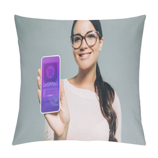 Personality  Beautiful Woman Presenting Smartphone With Online Shopping Appliance, Isolated On Grey Pillow Covers