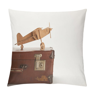 Personality  Toy Plane And Leather Suitcase On Grey Background With Copy Space  Pillow Covers