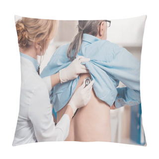 Personality  Back View Of Doctor In Medical Gloves Examining Patient With Stethoscope In Clinic Pillow Covers