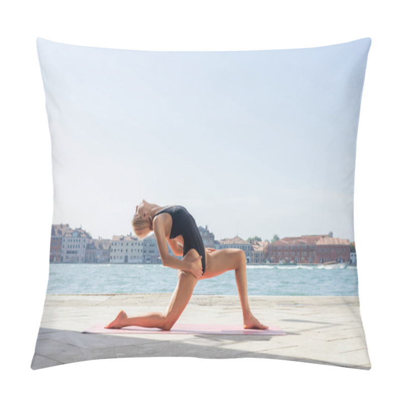 Personality  Side View Of Woman Stretching While Practicing Yoga On Embankment In Venice  Pillow Covers