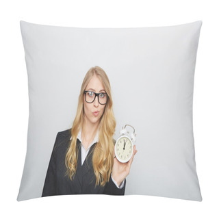 Personality  Full Isolated Portrait Of A Beautiful Caucasian Businesswoman Locking At The Clock. Highnoon Pillow Covers