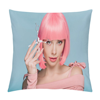Personality  Beautiful Girl In Pink Wig Posing With Scissors Isolated On Blue Pillow Covers
