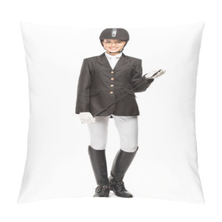 Personality  Smiling Young Horsewoman In Uniform Holding Horseman Stick Isolated On White Pillow Covers