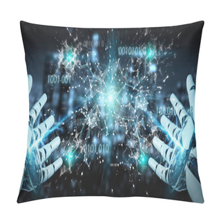 Personality  White Humanoid Hand On Blurred Background Using Digital Globe Hud Interface 3D Rendering Pillow Covers