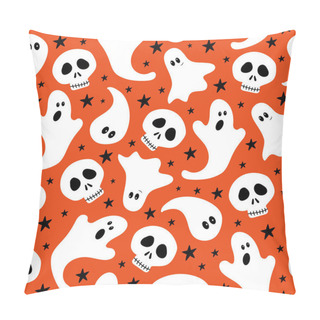 Personality  Hand Drawn Ghosts And Skull Seamless Pattern, On Orange Color Background, For Halloween. Good For Wrappng Paper, Textile Print, Poster, Card, Label And Other Decoration. Pillow Covers