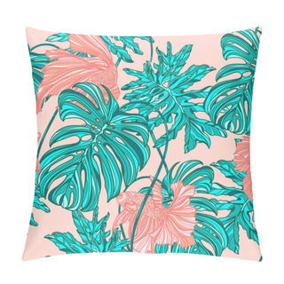 Personality  Seamless Pattern With Tropical Leaves And Big Tail Fishes. Pillow Covers
