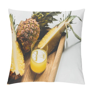 Personality  Fresh Pineapple Juice And Cut Delicious Fruit On Wooden Tray On White Background Pillow Covers