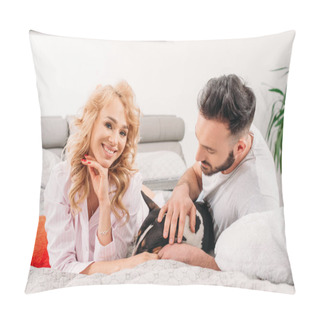Personality  Happy Couple Lying On Bed With Dog Pillow Covers
