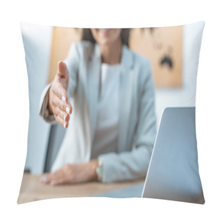 Personality  Selective Focus Of Travel Agent Outstretching Hand In Sign Of Deal Pillow Covers