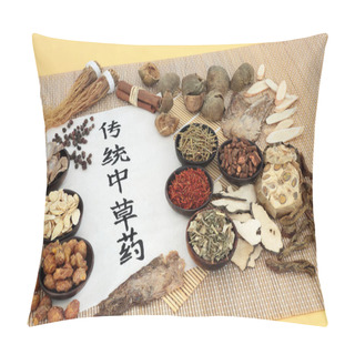 Personality  Chinese Herbal Medicine With Herb & Spice Collection & Calligraphy Script On Rice Paper. Health Care Concept. Translation Reads As Traditional Chinese Herbs For Healing. Pillow Covers
