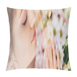 Personality  Panoramic Shot Of Bride Touching Flowers In Bouquet  Pillow Covers
