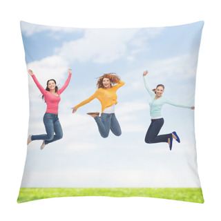 Personality  Group Of Smiling Young Women Jumping In Air Pillow Covers
