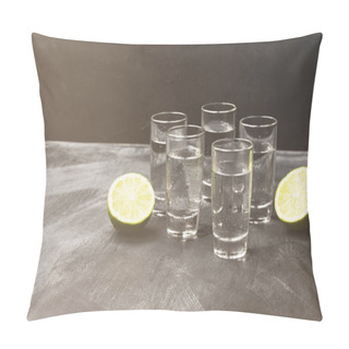 Personality  Cold Vodka In Shot Glasses On A Black Background. Copy Space. Fo Pillow Covers
