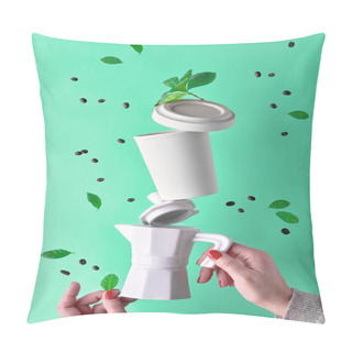Personality  Balancing Zero Waste Coffee Pyramid In Female Hands On Aqua Menthe Background. Ceramic Espresso Coffee Maker And Eco Friendly Reusable Bamboo Coffee Mug. Coffee Beans And Leaves Around. Pillow Covers