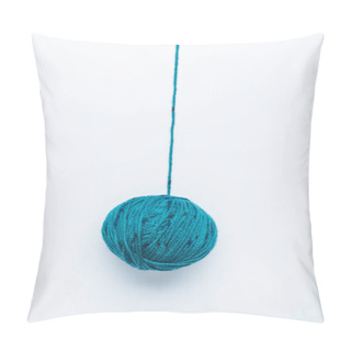 Personality  Top View Of Blue Yarn Ball For Knitiing On White Backdrop Pillow Covers