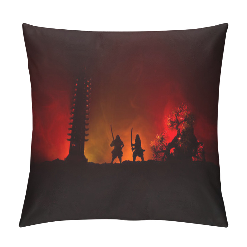 Personality  Samurai fighting concept. Silhouette of samurais in duel near tree and old temple. Table decoration with dark toned foggy background. Selective focus pillow covers