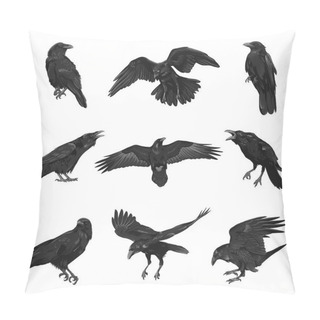 Personality  Raven Drawing High Quality Vector Illustration.Black Raven.Crow. Pillow Covers