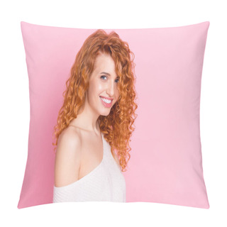Personality  Photo Portrait Of Red Curly Haired Girl Smiling With Off-shoulder Isolated On Pastel Pink Color Background Copyspace Pillow Covers