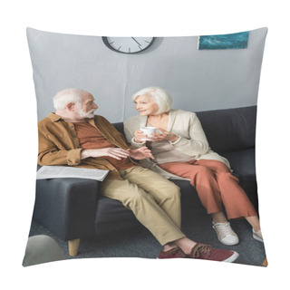 Personality  High Angle View Of Senior Couple Talking While Sitting On Sofa Pillow Covers