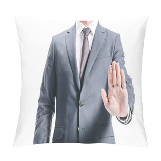 Personality  Cropped Image Of Businessman In Suit Showing No Sign Isolated On White Pillow Covers