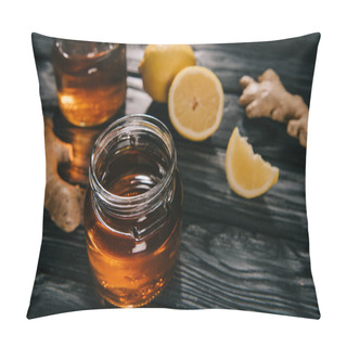 Personality  Selective Focus Of  Tea In Glass Jar On Wooden Table With Ginger Roots And Lemons Pillow Covers