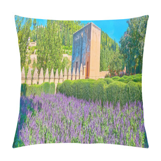 Personality  Panorama Of Alhambra Garden With Rampart, Topped With Battlements, Medieval Judge Tower (Torre Del Cadi, Prisoners Tower) And Blooming Ultra Violet Salvia (sage), Granada, Spain Pillow Covers