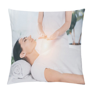 Personality  Peaceful Young Woman With Closed Eyes Receiving Reiki Healing Treatment Pillow Covers