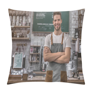 Personality  Portrait Of Smiling Male Coffee Shop Owner Standing At The Counter With Look In Camera Pillow Covers