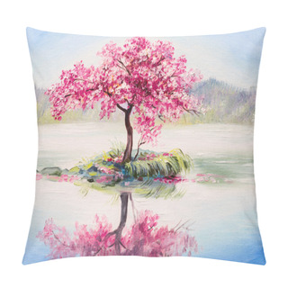 Personality  Oil Painting Landscape, Oriental Cherry Tree, Sakura On The Lake Pillow Covers