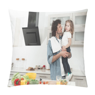 Personality  Joyful Daddy Holding Little Girl In Kitchen  Pillow Covers