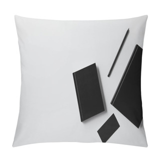 Personality  Top View Of Black Notebooks With Business Card And Pencil On White Tabletop For Mockup Pillow Covers