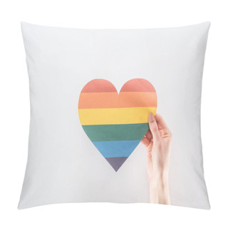 Personality  Cropped View Of Female Hand With Rainbow Colored Paper Heart Isolated On Grey, Lgbt Concept Pillow Covers